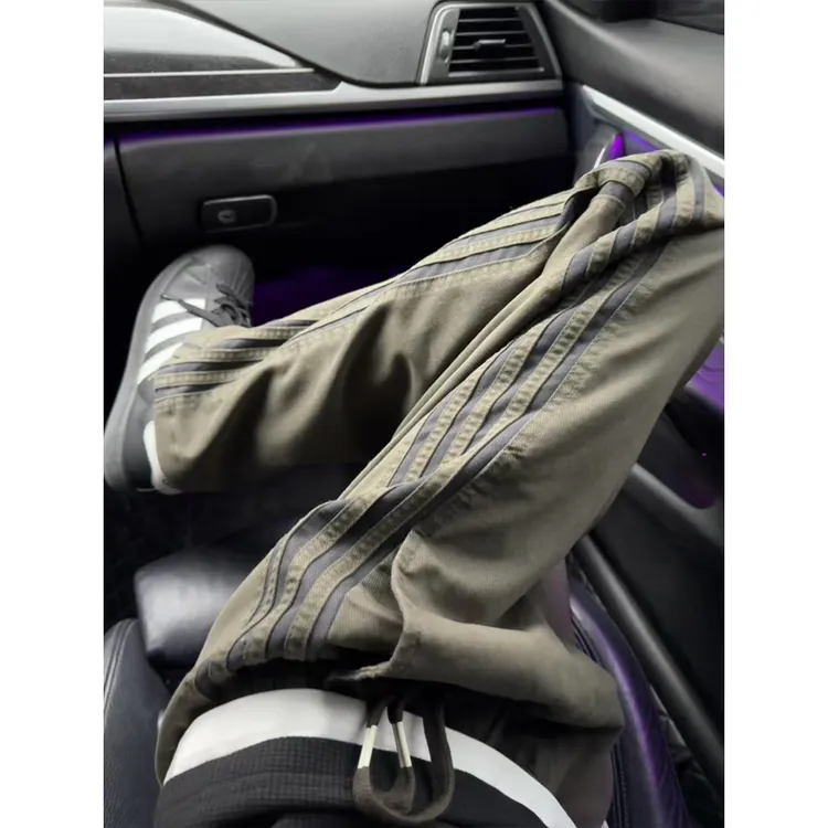 美式复古条纹裤子男秋冬加绒潮牌军绿色工装裤直筒三条杠休闲长裤