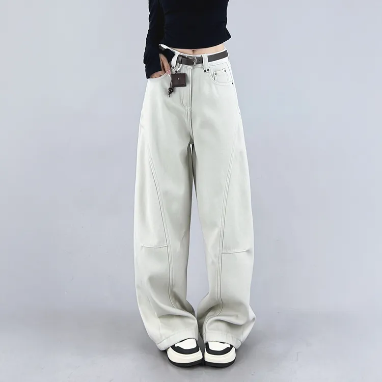 浅色设计感加绒弯刀牛仔裤女2025冬季新款宽松显瘦百搭阔腿镰刀裤