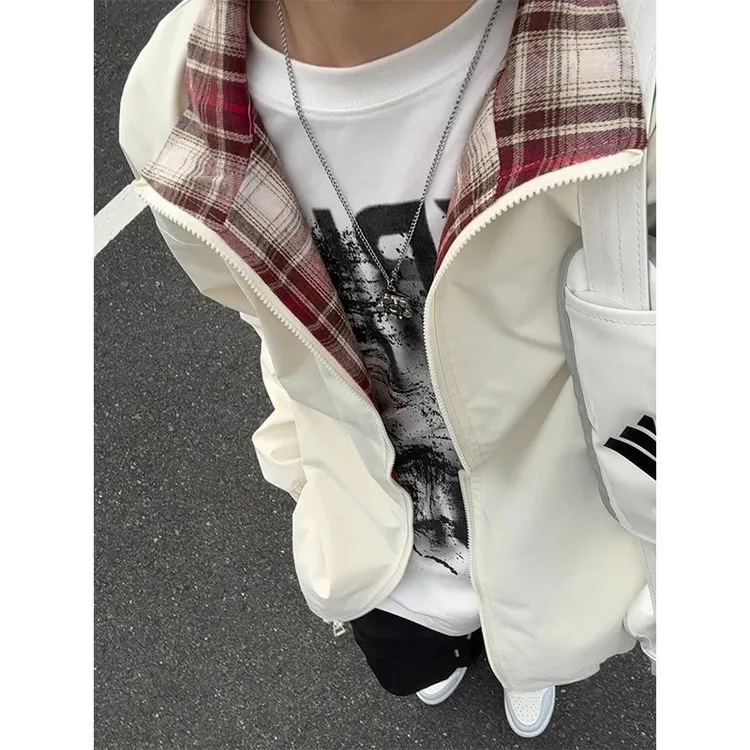fitcheck格子拼接夹克男春秋百搭少年感上衣美式高街翻领情侣外套