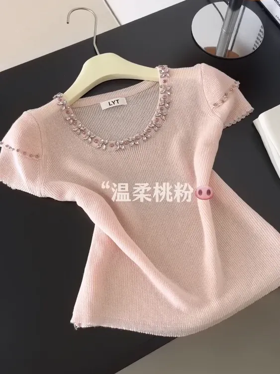 2025夏季新款设计感重工钉珠气质短袖T恤小衫女修身显瘦圆领上衣