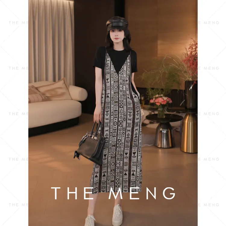 THE MENG【漫舞】天丝印花显瘦通勤假两件短袖连衣裙#M252G0555
