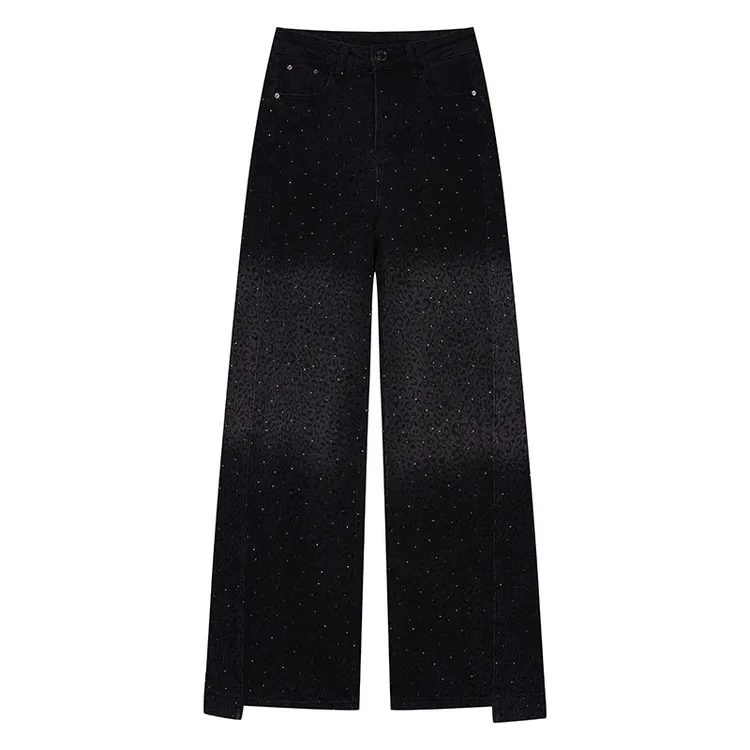 秋冬加绒加厚牛仔裤女设计感豹纹烫钻弹力显瘦显高宽松窄版直筒裤