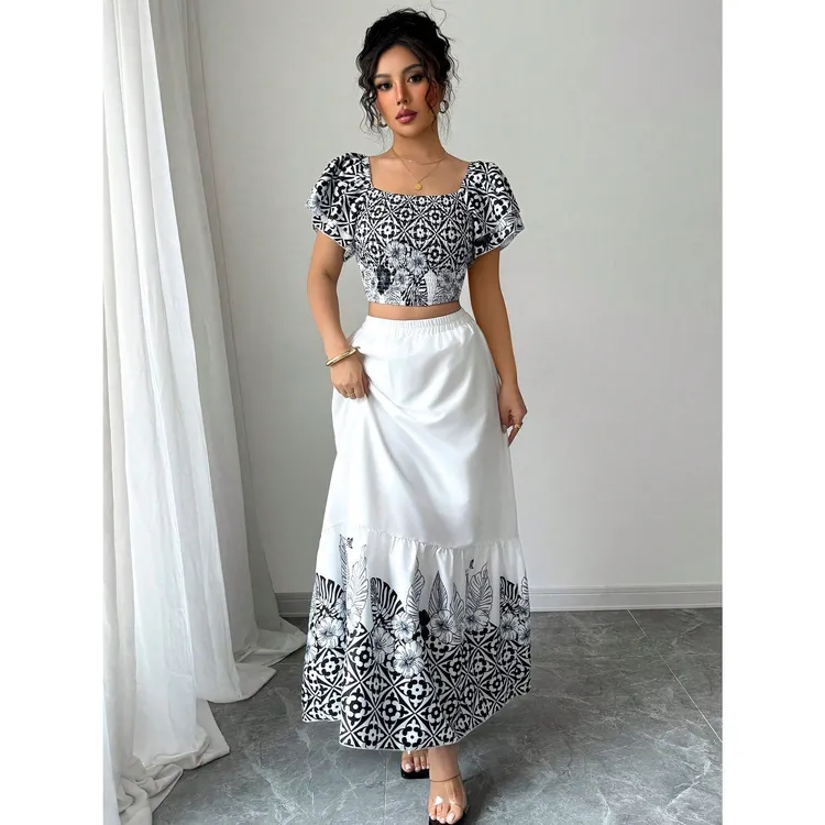 现货外贸跨境1688女士夏季优雅度假风印花A字裙套装