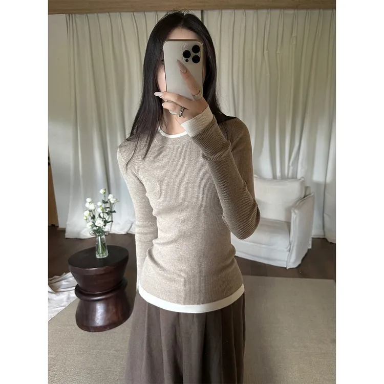 Manman Y4036自制假两件坑条针织打底衫秋冬百搭休闲气质上衣