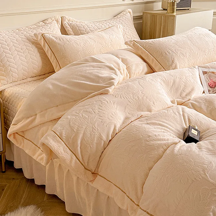 法式雕花牛奶绒四件套床盖款冬季加厚法兰珊瑚绒被套夹棉床单高档