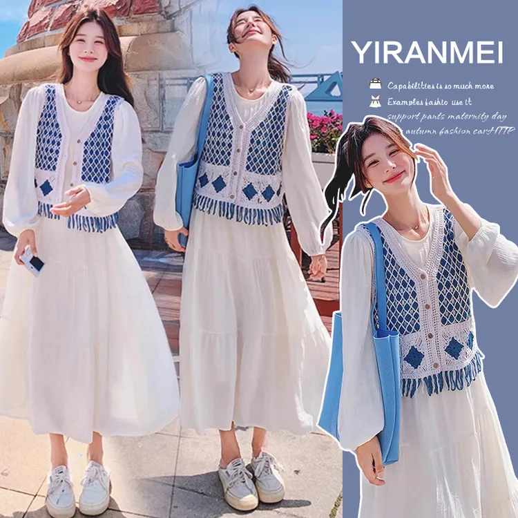 大码女装2025秋季新款韩版时尚钩花马甲打底裙清新减龄连衣裙套装