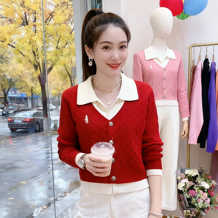 假两件POLO领精致麻花编织长袖针织衫女2025冬季新款减龄加厚毛衣