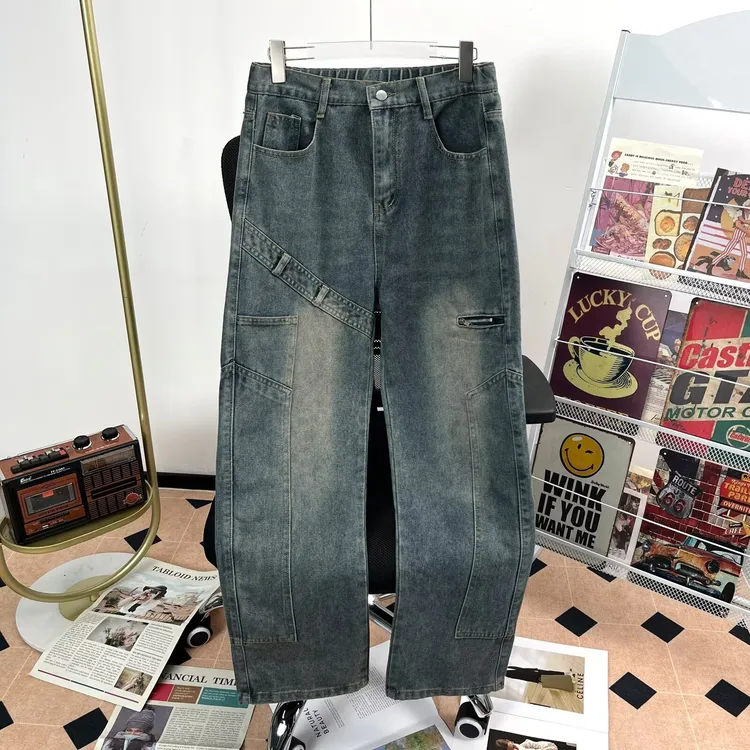 美式复古潮牌拼接直筒牛仔裤男青年高街潮流休闲百搭长裤痞帅街头