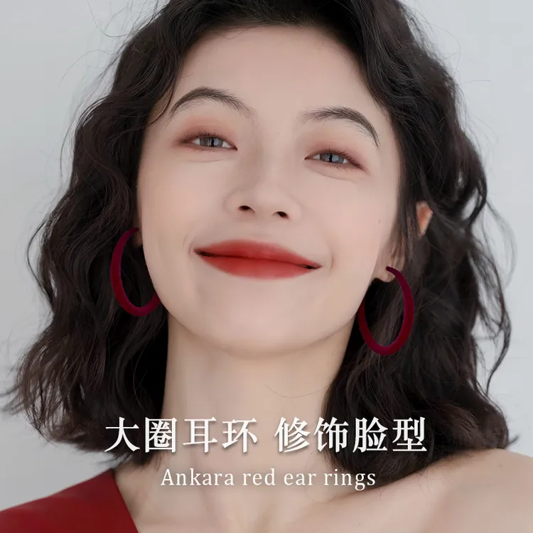 合金绒毛耳饰 999纯银耳针安可拉红色耳圈素圈大耳环复古港风耳饰