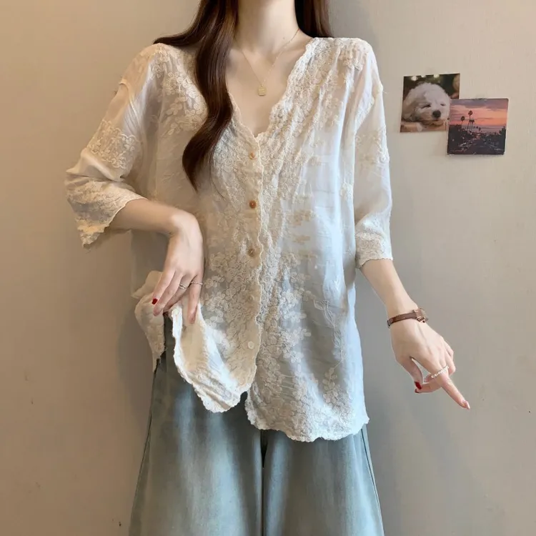 大码女装胖MM夏季新款刺绣波浪花边V领短袖上衣罩衫防晒开衫