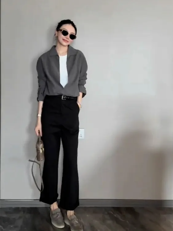 夏季穿搭一整套女装2025新款时尚灰色假两件衬衫高腰阔腿裤两件套