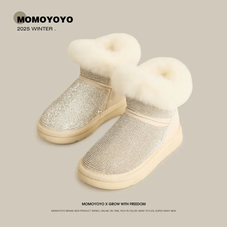 辰辰妈【满天星】女童烫钻毛毛雪地靴儿童防滑加绒保暖短靴25D08034