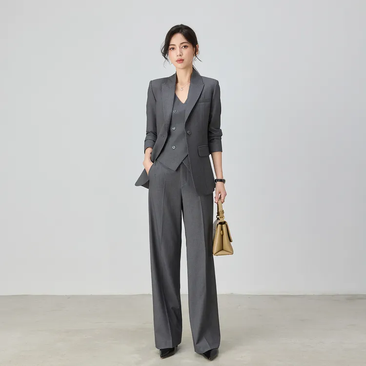 2025秋冬高级感深灰色羊毛职业西装女套装正装气质显瘦西服三件套