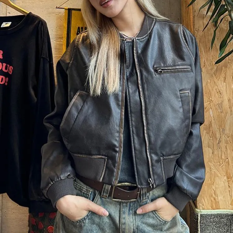 手工擦旧美式短款机车皮衣夹克女新款复古美拉德外套长袖百搭DH3