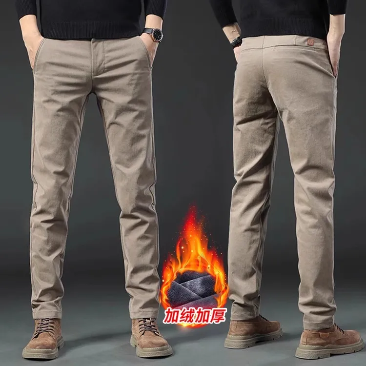 香港卡其色男款秋冬款休闲裤加绒加厚裤子韩版百搭中年高档休闲裤