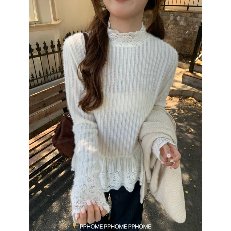 屁帘内搭 秋季打底衫t恤女气质蕾丝花边韩系慵懒上衣