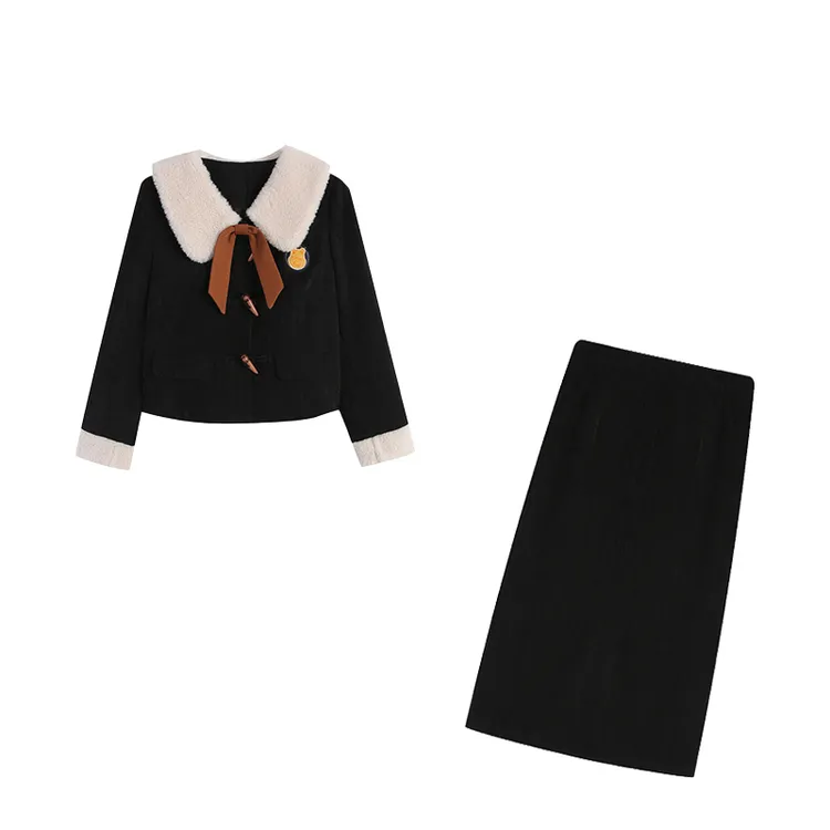 【五季家】冬款小香风黑色羽绒上衣+黑色长半裙 两件套 ZL113491
