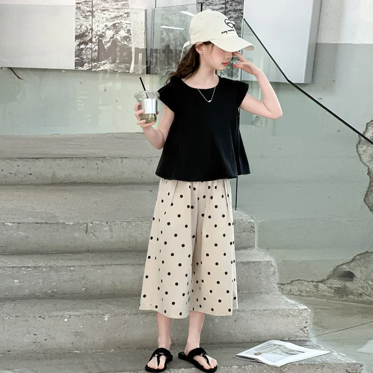 女童套装夏装6-12岁洋气大童韩版夏装时髦娃娃衫波点休闲裤两件套