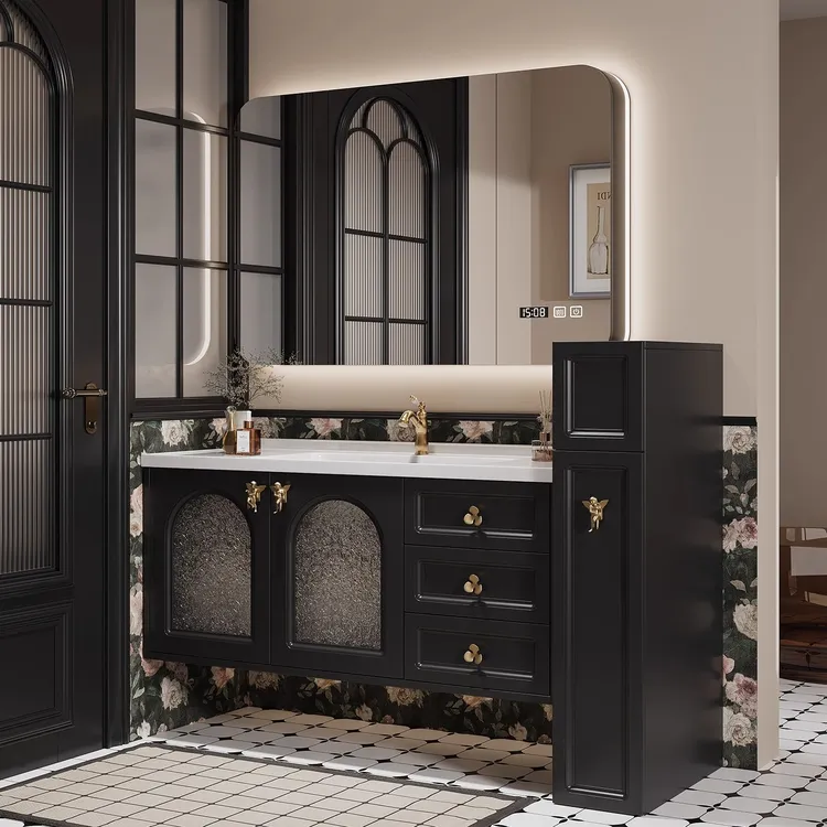 法式复古卫生间半墙橡胶木浴室柜组合侧边拉篮储物陶瓷一体洗漱台