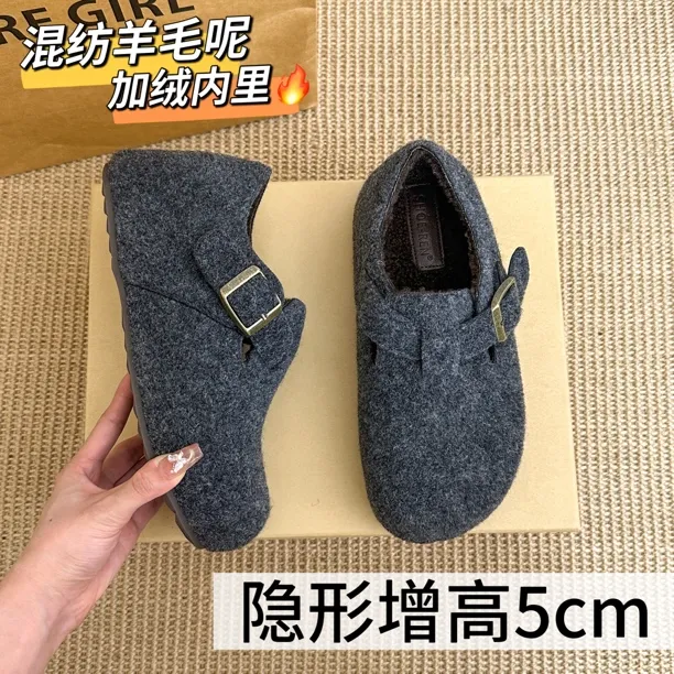 5CM～内增高勃肯鞋女厚底加绒棉鞋子冬新款毛毛鞋女外穿呢子单鞋