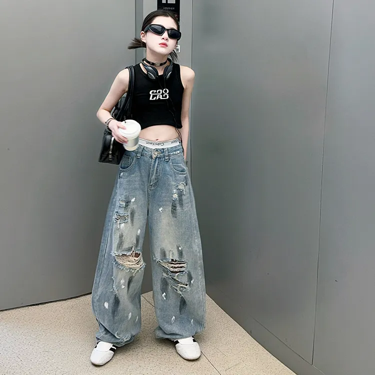2025夏季高街牛仔裤女童美式复古设计感涂鸦时尚百搭直筒阔腿裤子
