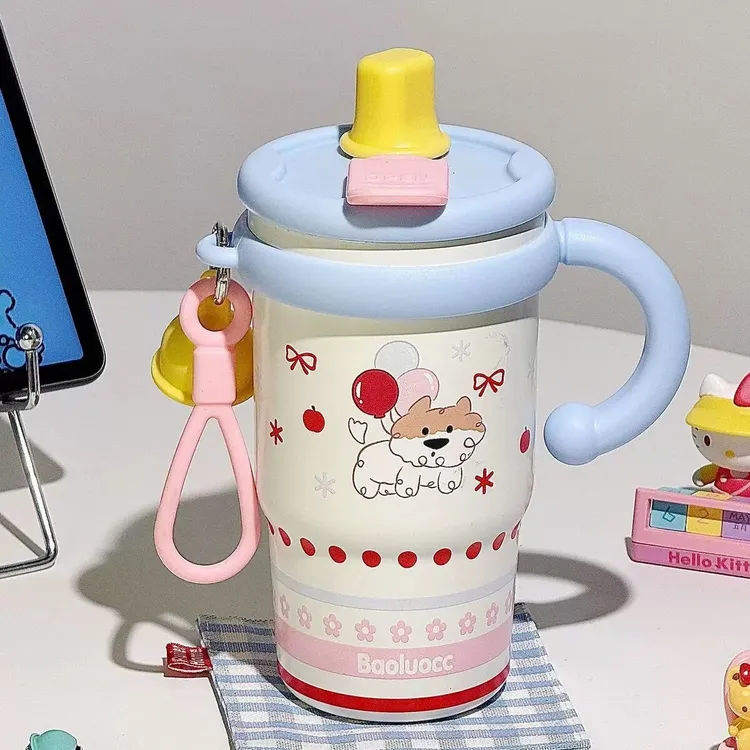 可爱狗狗高颜值陶瓷内胆保温杯大手柄便携办公少女心咖啡杯吸管杯