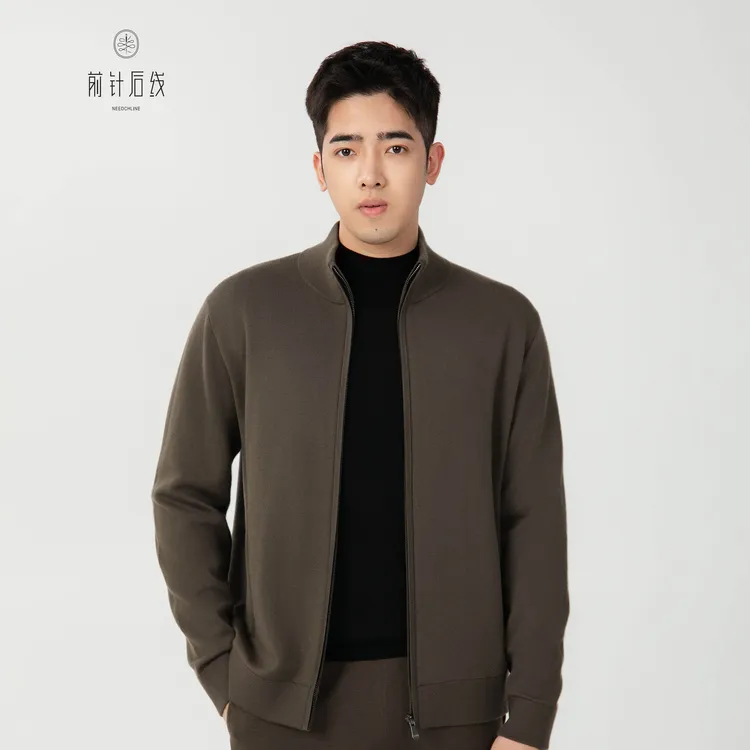 【可机洗】100%纯羊绒立领开衫夹克男士半高领外套商务男装秋冬保暖