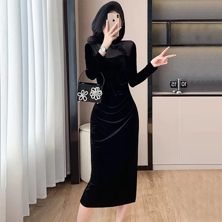 中长款法式黑白收腰连衣裙极简风收腰法式气质黑色长袖长裙