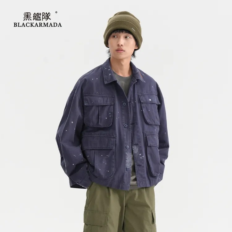 黑舰队复古做旧泼墨工装夹克个性多袋宽松翻领衬衣长袖外套LKB889
