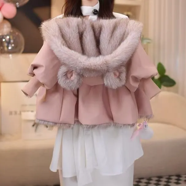 女孩冬款皮衣2025新款女宝加绒粉色棉袄女孩时尚连帽冲锋衣外套潮