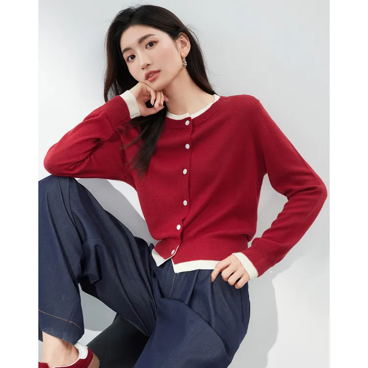 T朗文斯汀2025新款新年节日氛围感时尚气质撞色假两件毛针织衫