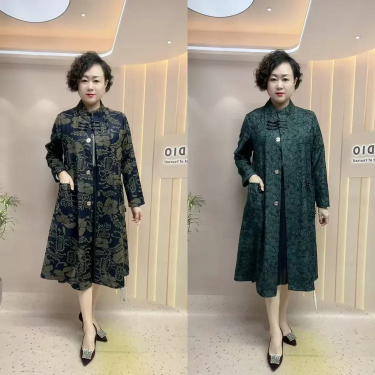 1818#春秋长款盘扣宽松时尚风衣