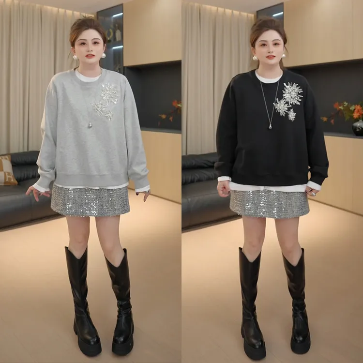 【胖佳佳】现货~烟花卫衣 秋季新款时尚重工钉珠圆领上衣H625D15636