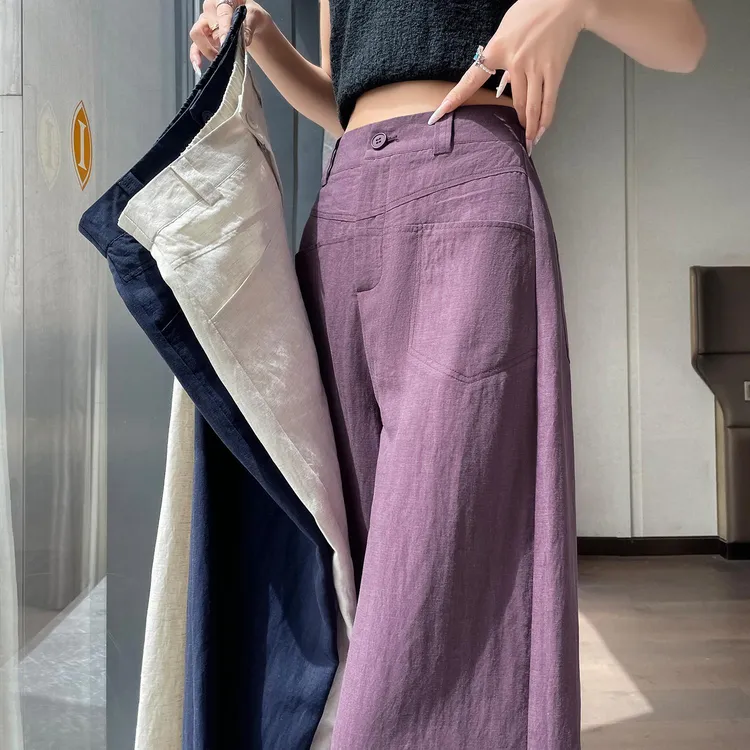 乌梅紫舒适休闲阔腿裤女夏季2025薄款高腰显瘦宽松直筒垂感西装裤