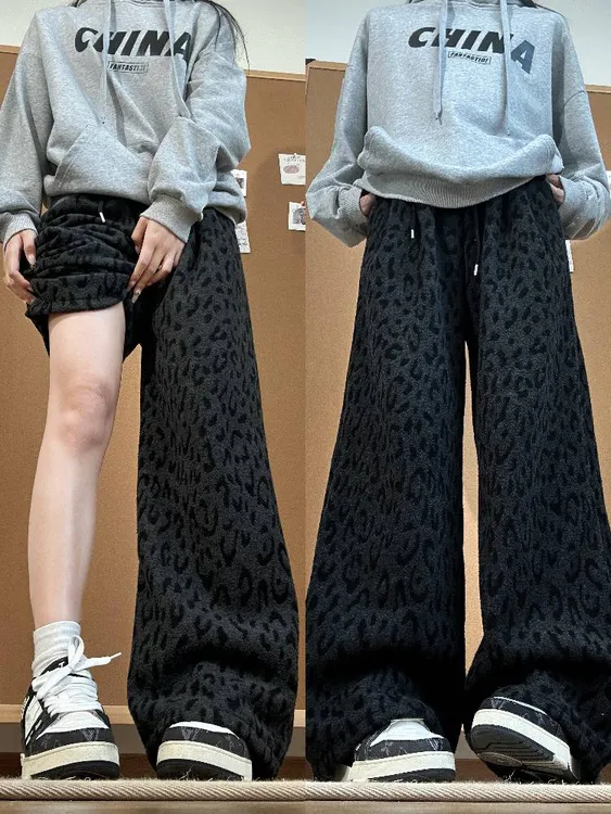 豹纹加绒加厚保暖阔腿裤女秋冬季2025新款高腰直筒显瘦宽松休闲裤