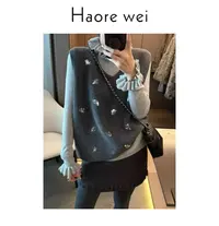 Haore Wei（甜美亮片）刺绣无袖背心马甲V领坎肩＋木耳边针织两件套