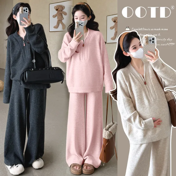 2025孕妇秋冬软糯亲肤拉链时尚立领毛衣休闲款时尚宽松套装商品图