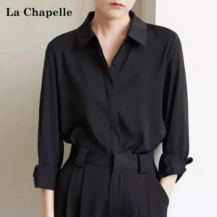 拉夏贝尔法式黑色衬衫女长袖新款免烫衬衣高级感气质通勤抗皱上衣
