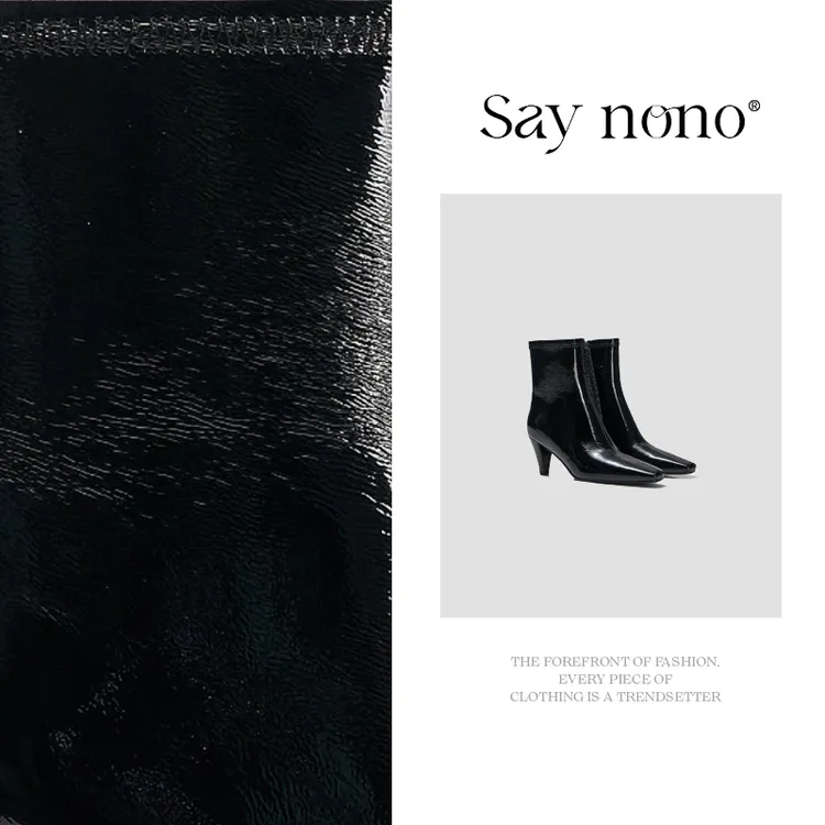 Say  nono  头层细皱羊漆皮亮面时髦高跟百搭时装靴5cm