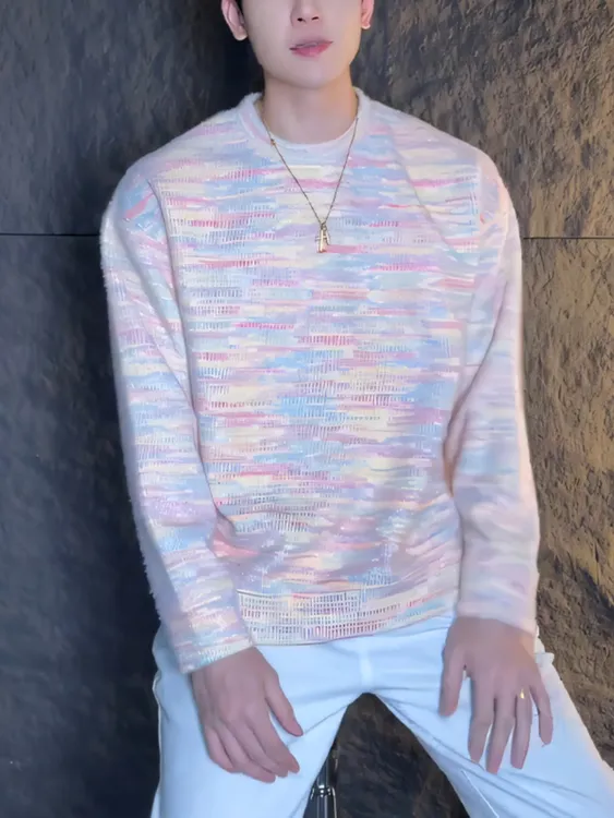 秋冬美式潮牌男士毛衣内搭时尚粉红色渐变圆领卫衣轻奢气质打底衫