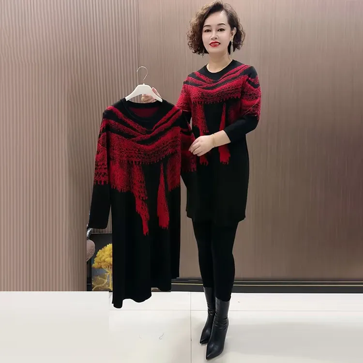 时尚洋气针织大版衫秋冬宽松小个子妈妈装弹力加厚中长打底裙毛衣