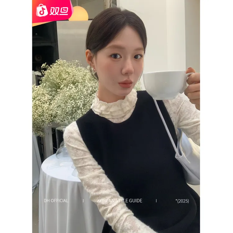 DH 大花的双旦【少女情怀】韩系雏菊蕾丝半高领波浪边设计万能内搭