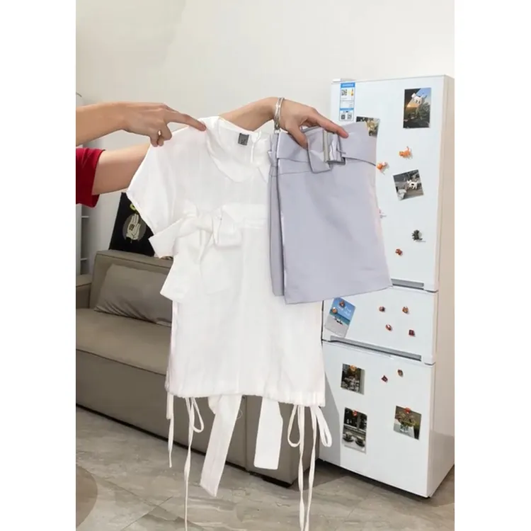 好韩系甜美少女～白色小众娃娃领衬衫高腰半身裙套装女夏两件套潮