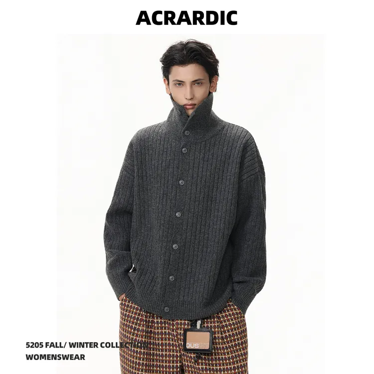 ACRARDIC2025新款美式简约翻领开衫毛衣男慵懒风休闲百搭针织外套