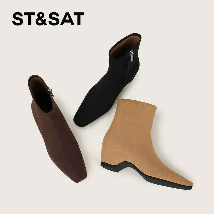 St&Sat/星期六粗跟百搭时装靴英伦风短靴气质法式方头冬季瘦瘦靴
