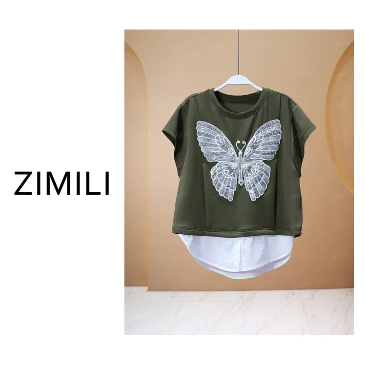 【亮哥女装】2025欧版小众设计师军绿色蝴蝶假两件休闲短袖8271-B6