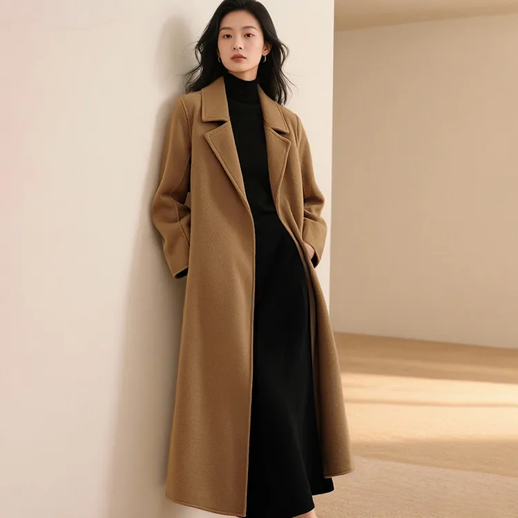 2025冬新款翻领外套长款双面呢羊毛大衣通勤百搭长外套女25081804