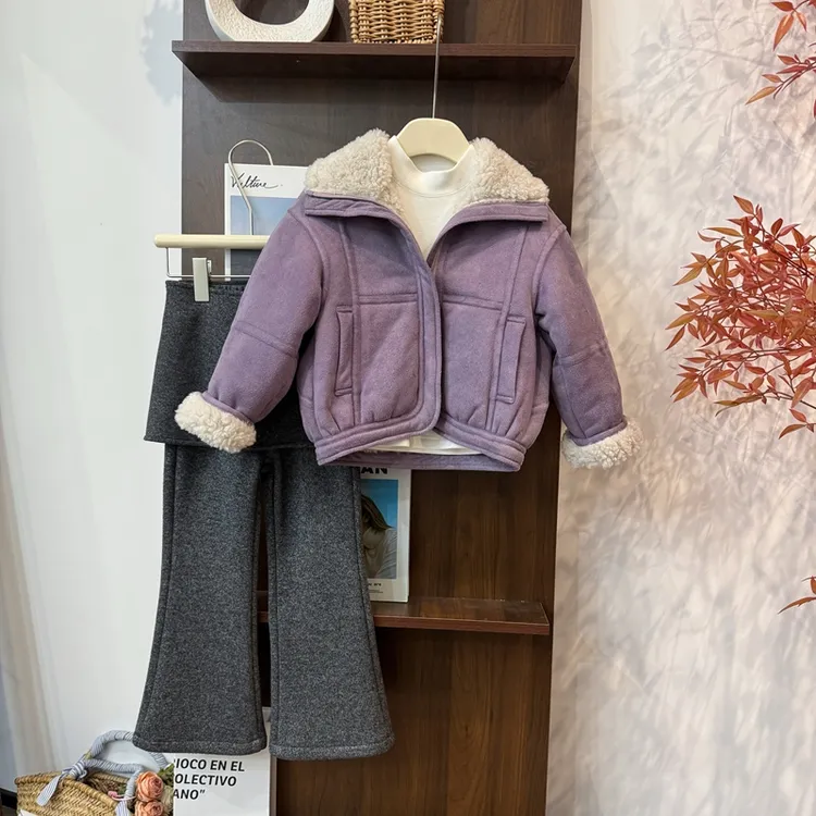 leomama女童2025冬季新款紫色保暖毛毛翻领时尚百搭夹棉外套