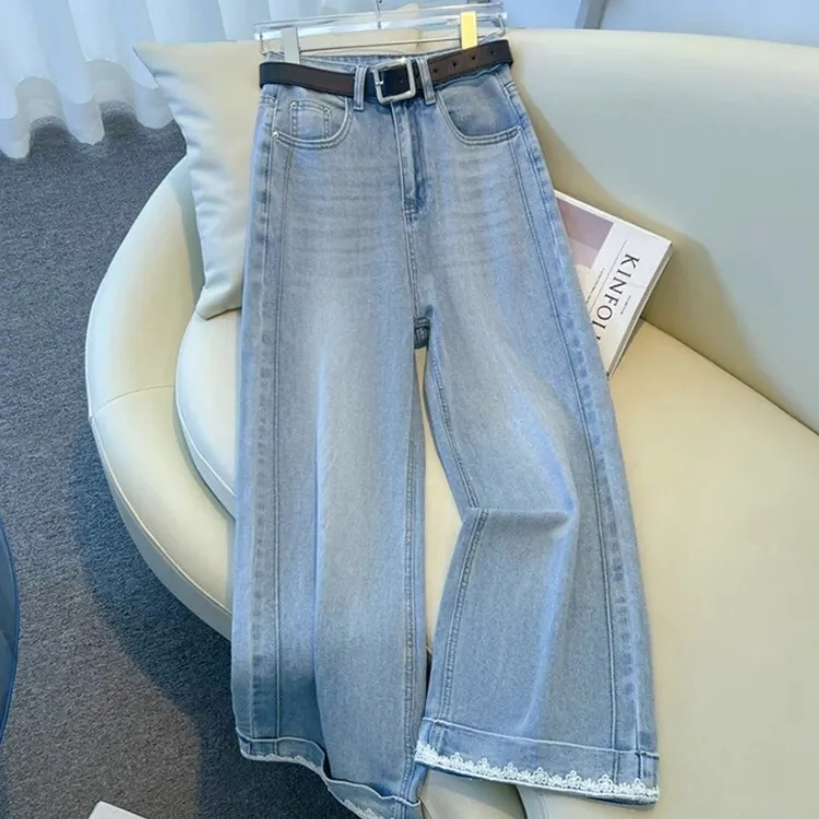 翻边蕾丝拼接直筒牛仔裤女2025秋季新款小个子高腰显瘦九分阔腿裤