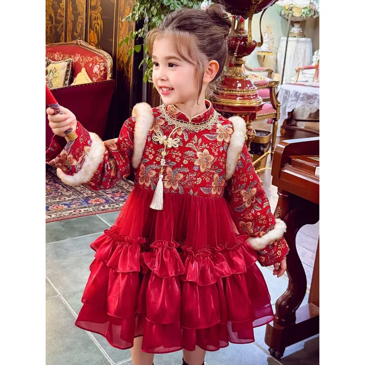 女童拜年服冬2025新款儿童国风加绒连衣裙女孩唐装公主裙